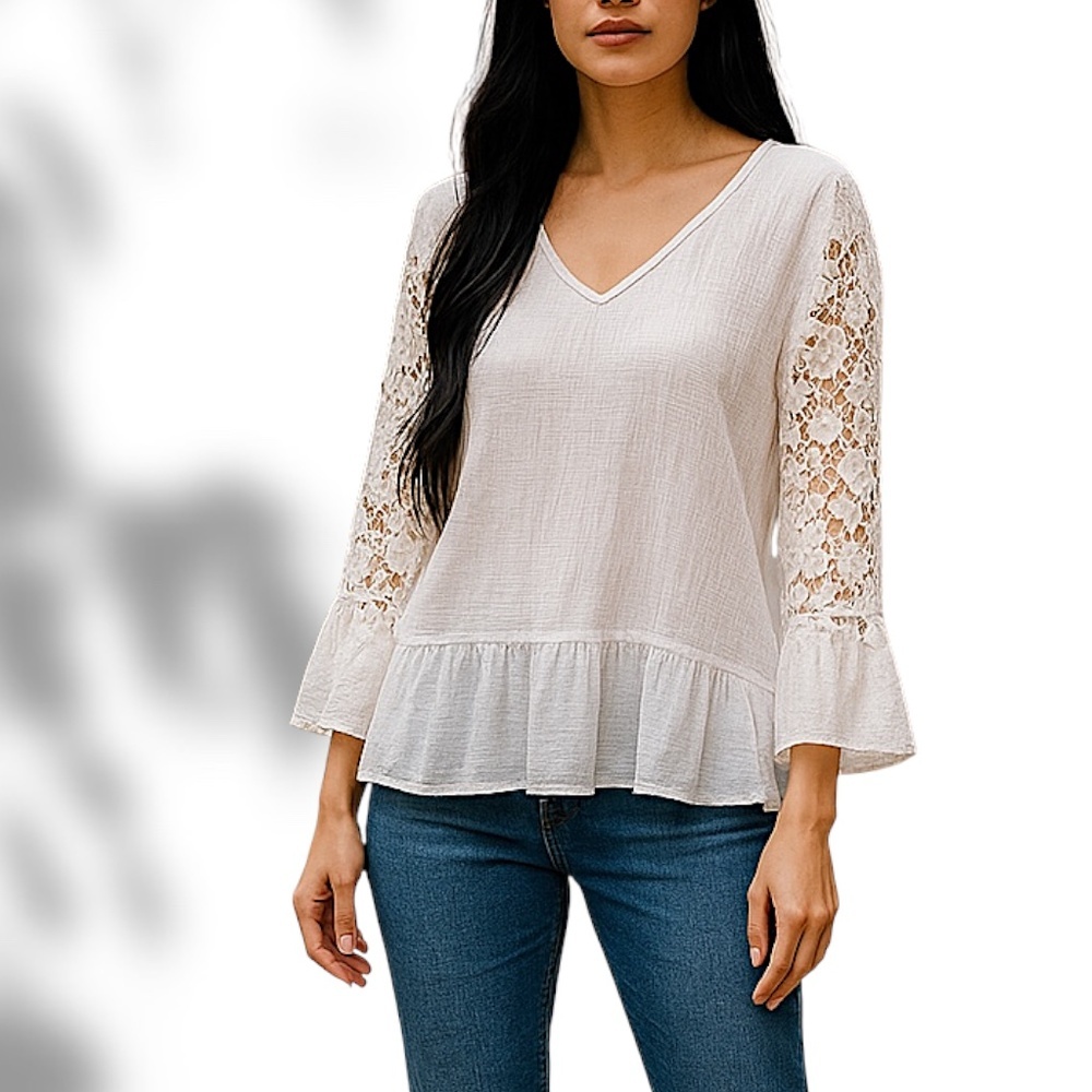 Doe + Ray Lace Sleeve Peplum Blouse – Size Large, 100% Cotton, White